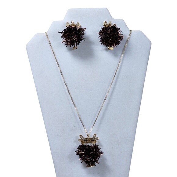 Reindeer Necklace & Earrings Set Brown  Pom Pom Multi Color Rinestone Holiday - Picture 1 of 10